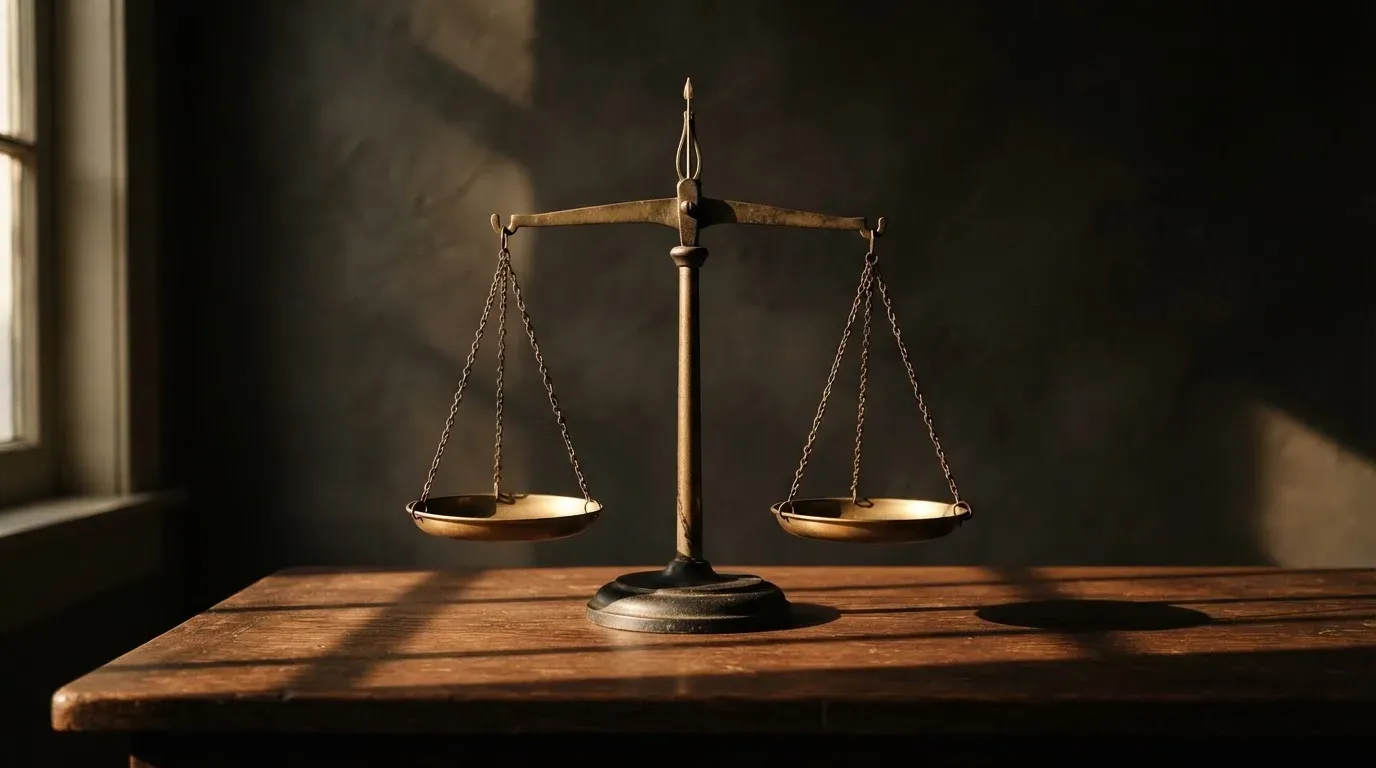 Eine Waage mit zwei leeren Schalen steht auf einem Schreibtisch, Seitenlicht wirft lange Schatten
