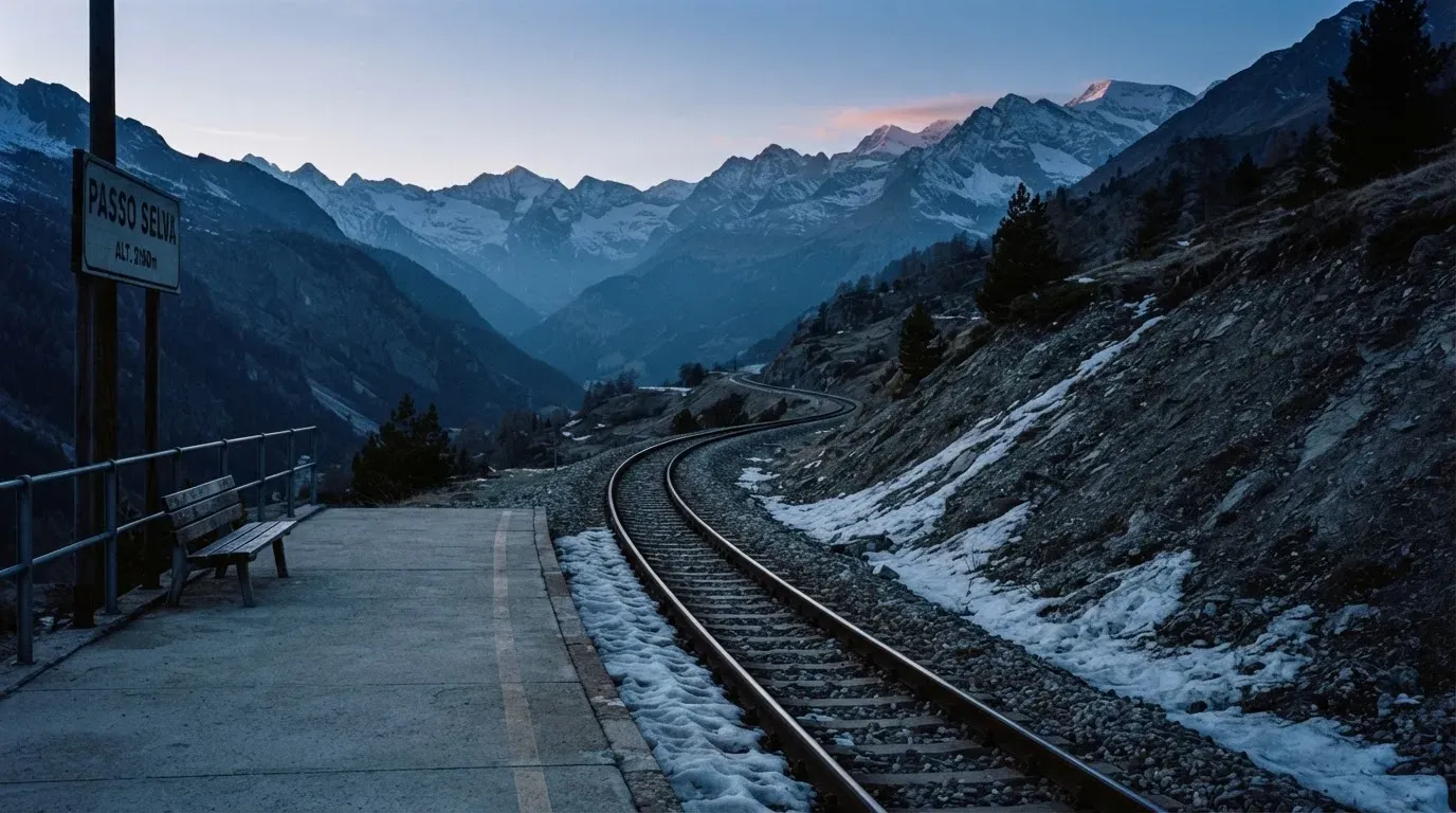 Ein Bahngleis in den Bergen mit Schneeresten und einem leeren Perron im Morgengrauen