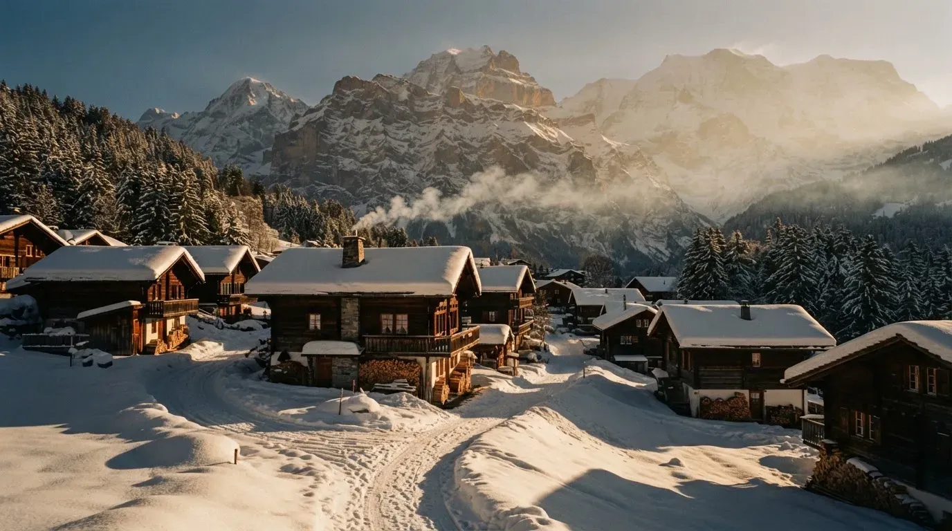 Ein Bergdorf mit Holzhäusern im Schnee, Rauch steigt aus einem Kamin, später Nachmittag mit tiefem Licht