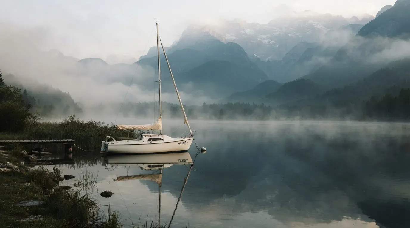 Ein kleines Segelboot auf einem ruhigen Bergsee, Nebel liegt am Ufer, die Berge verschwinden im Dunst