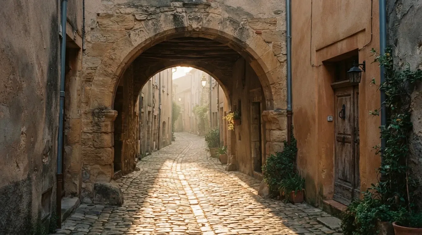 Ein steinerner Torbogen in einer Altstadtgasse, Morgensonne fällt schräg auf das Pflaster
