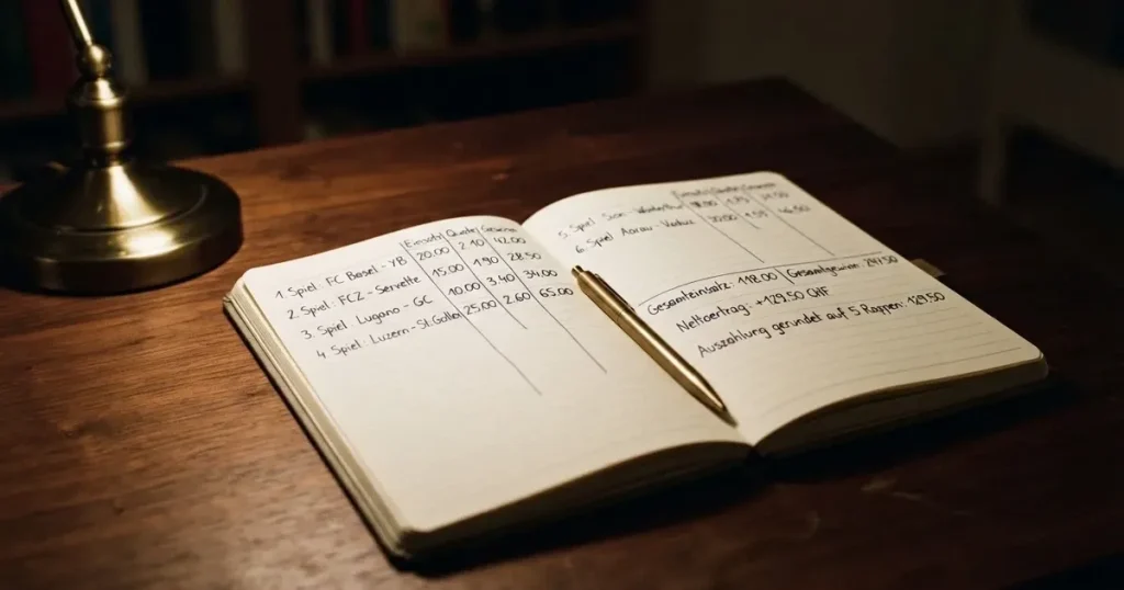 Ein Notizbuch mit handschriftlichen Spalten und ein Kugelschreiber neben einem Taschenrechner, Licht einer Schreibtischlampe