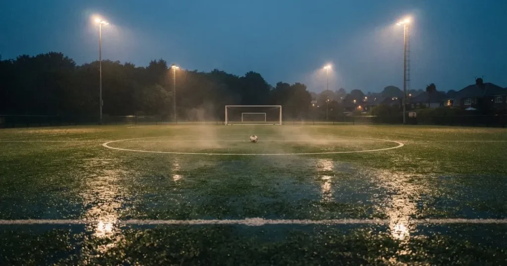 Ein Fussballplatz mit Kunstrasen im Regen, Pfützen spiegeln das Licht der Flutlichtmasten