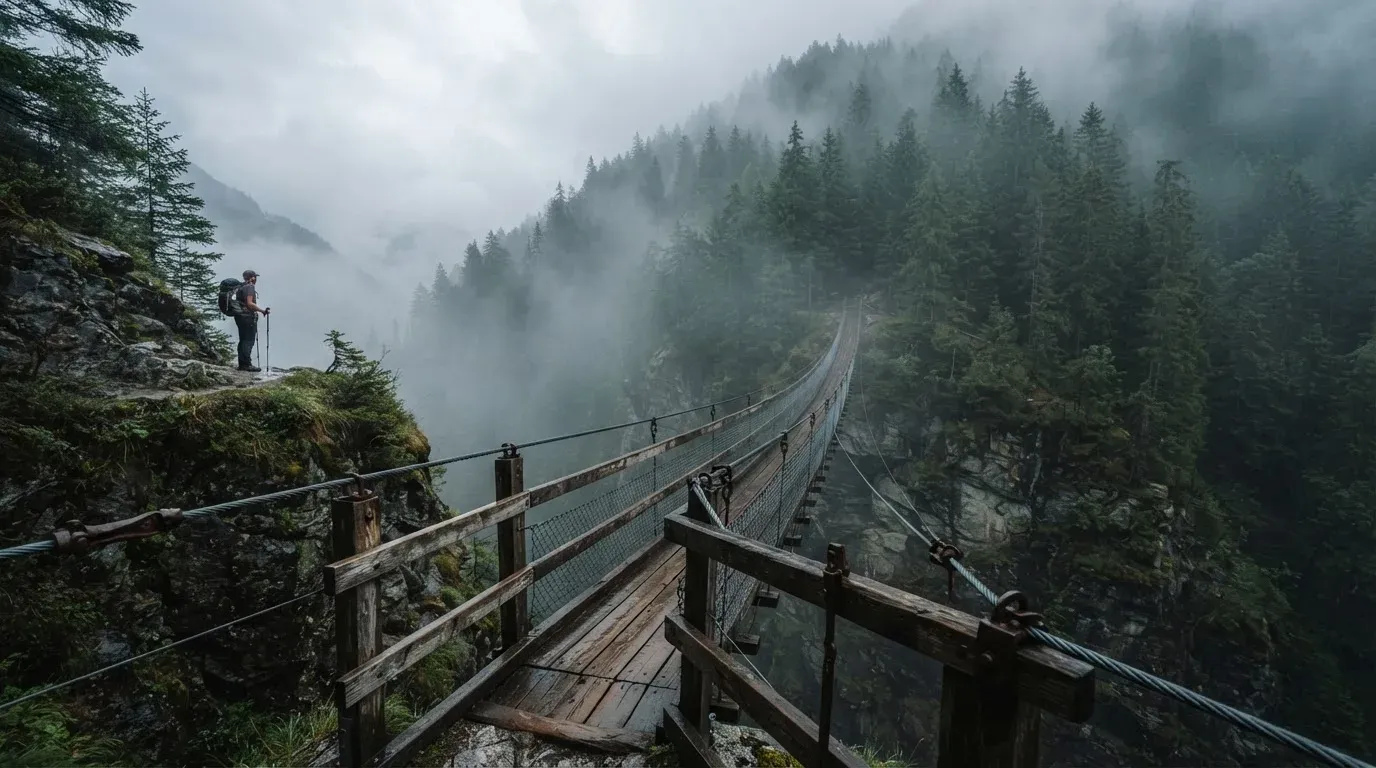 Eine Hängebrücke über eine Schlucht, Nebel steigt auf, dichter Wald bedeckt die steilen Hänge