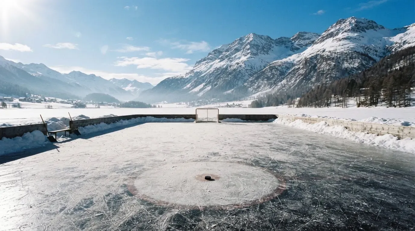 Ein Eishockeyfeld im Freien auf einem zugefrorenen See, Schneewehen an den Banden, klare Winterluft