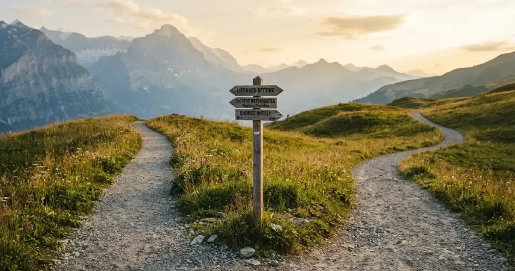 Zwei Wanderwege gabeln sich auf einer Wiese, dahinter steht eine Bergkette im Dunst