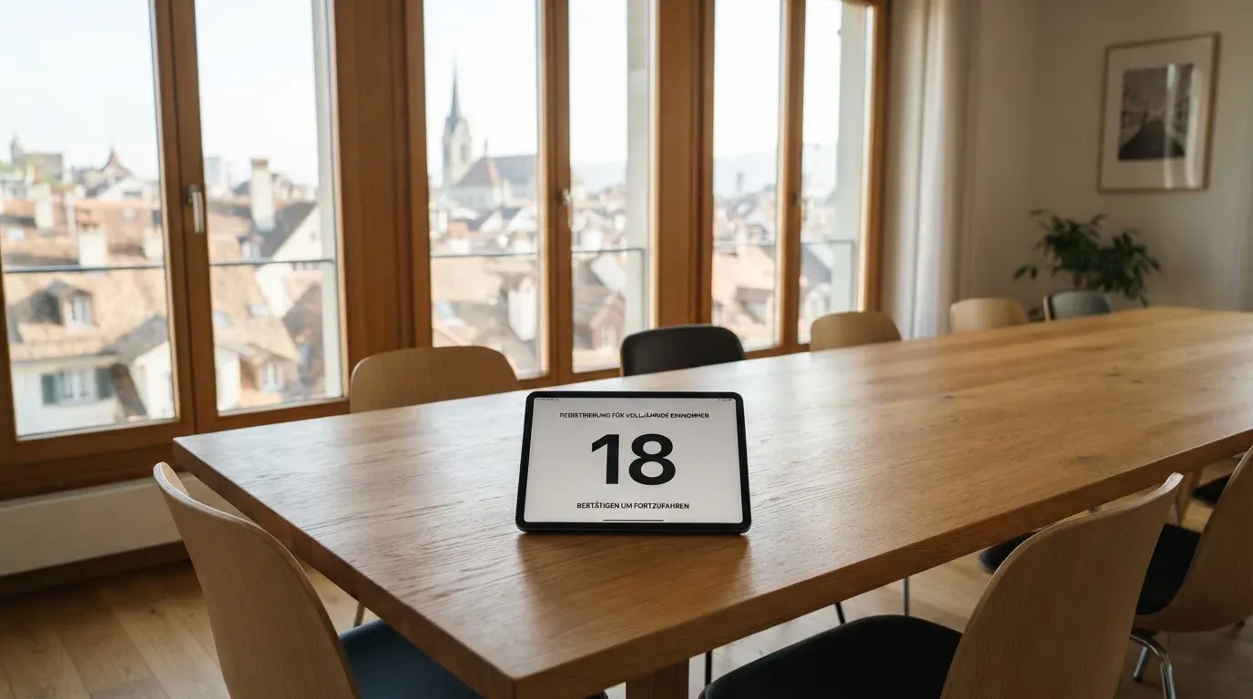 Ein langer Holztisch mit leeren Stühlen in einem hellen Raum, die Fenster geben den Blick auf Dächer frei