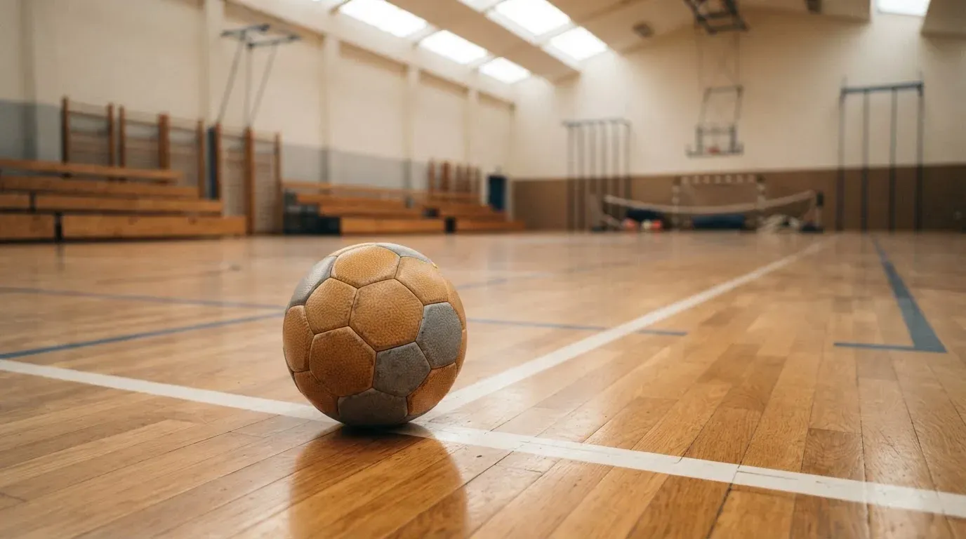 Ein Handball liegt auf dem Hallenboden einer leeren Sporthalle, Streifen von Licht aus den Oberlichtern