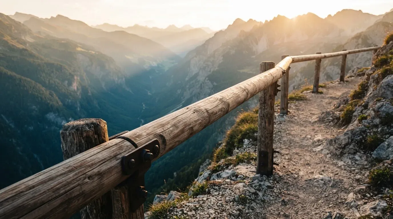 Ein stabiles Holzgeländer am Rand eines Wanderwegs über einer Schlucht, Gegenlicht über den Hängen