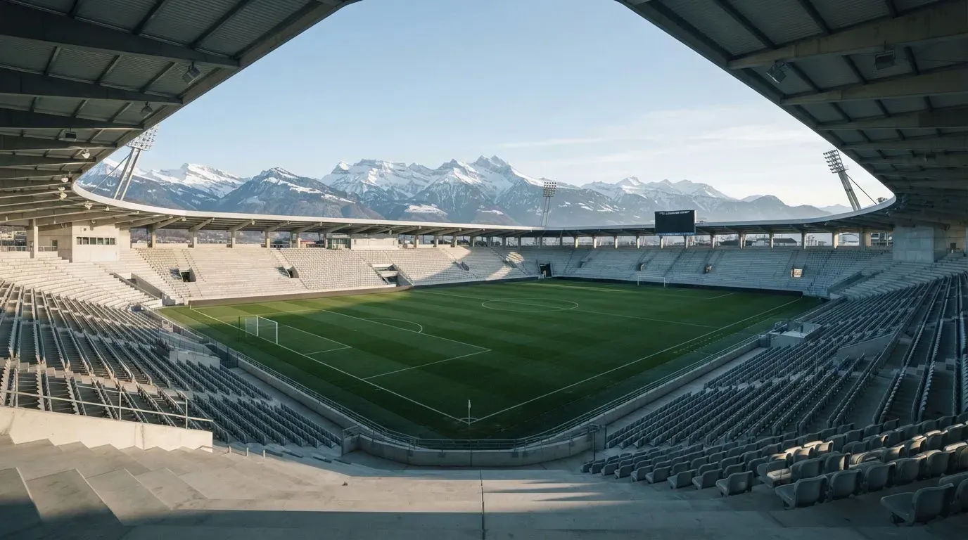 Schneebedeckte Berggipfel erheben sich im klaren Morgenlicht hinter einem leeren Stadion mit hellen Zuschauerrängen.
