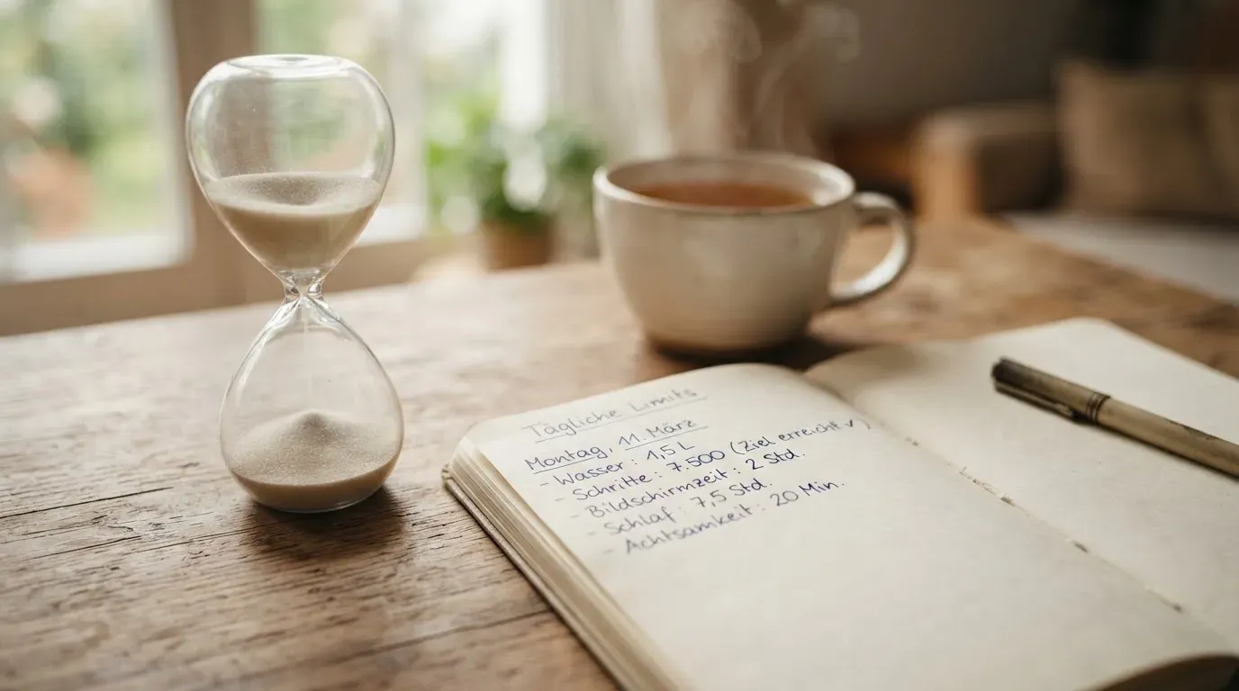 Eine Sanduhr steht neben einem Notizbuch mit handschriftlichen Notizen auf einem Holztisch, daneben dampft eine Tasse Tee.