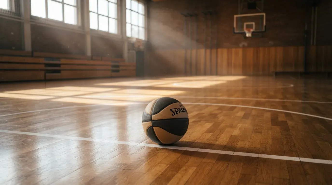 Ein Basketball ruht auf dem polierten Parkett einer leeren Halle, Nachmittagslicht fällt durch hohe Fenster.