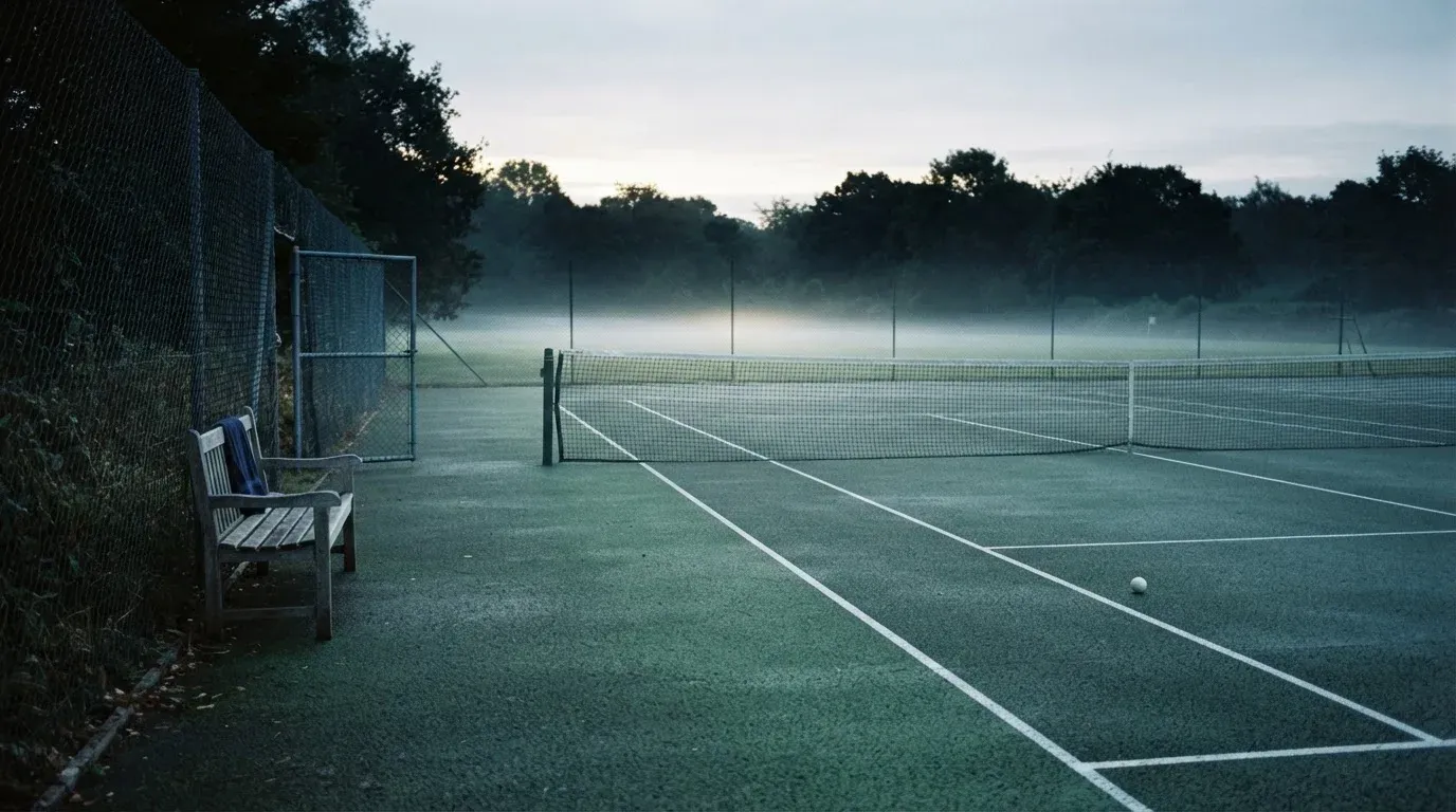 Ein gepflegter Tennisplatz im Morgengrauen, über der Grundlinie hängt leichter Nebel und die Bänke am Rand sind leer.