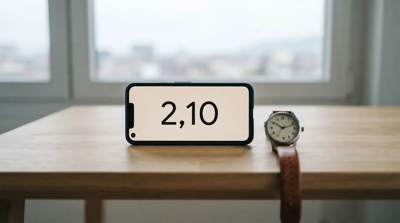 Ein Smartphone liegt mit dem Display nach unten auf einem Tisch neben einer Armbanduhr, im Hintergrund ein unscharfes Fenster.