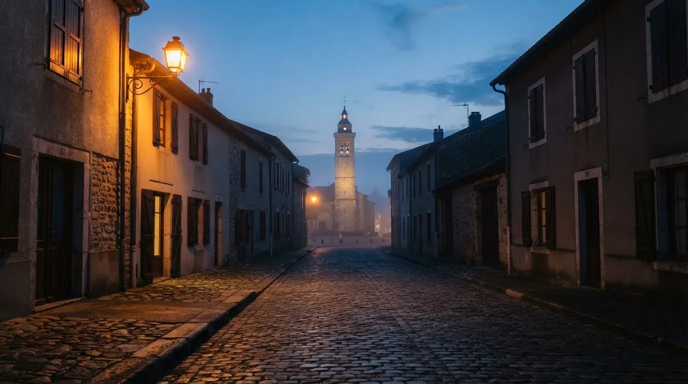 Eine ruhige Dorfstrasse in der Dämmerung mit einer brennenden Strassenlaterne und einem Kirchturm im Hintergrund.