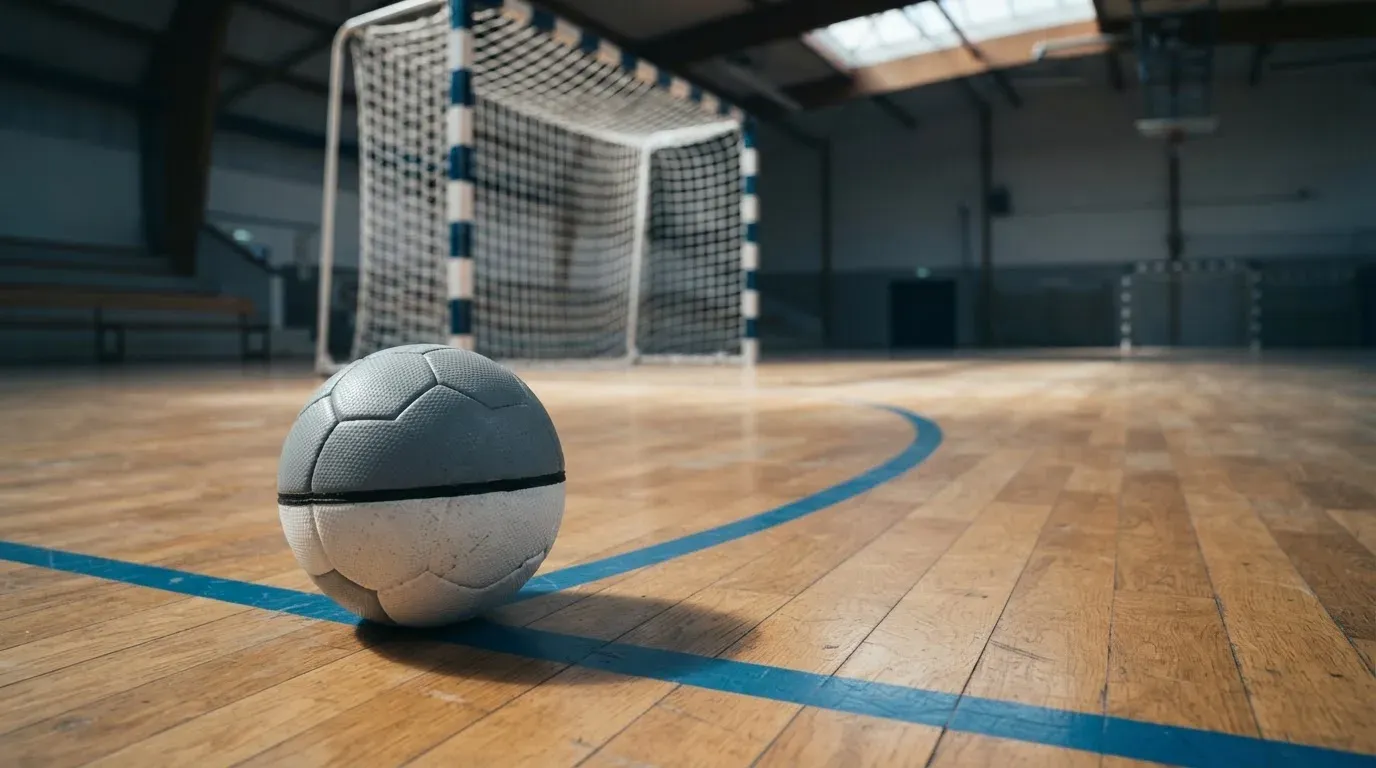 Ein Handball liegt am Rand des Torraums in einer leeren Sporthalle, Licht fällt durch Oberlichter auf den Hallenboden.
