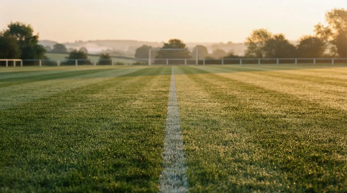 Ein Rasenspielfeld bei Sonnenaufgang, die Mittellinie verläuft quer durchs Bild und Tau glitzert auf dem Gras.