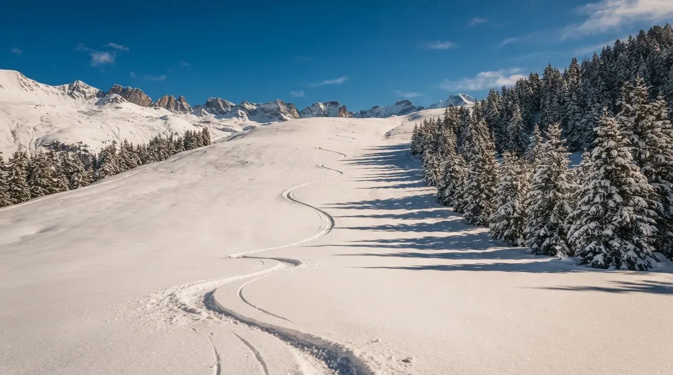 Ein Skihang mit frischen Spuren im Neuschnee unter blauem Himmel, am Rand stehen verschneite Tannen.