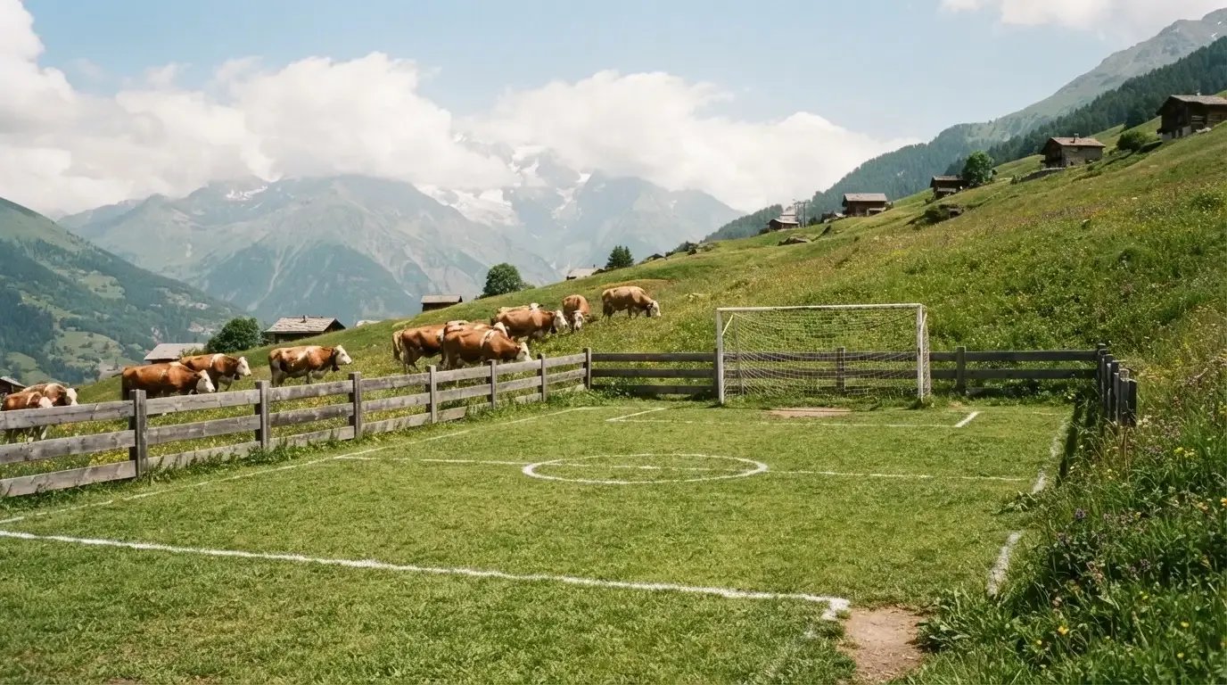 Ein Dorffussballplatz mit Holzzaun am Hang, dahinter grasen Kühe auf einer Weide unter hohen Wolken.