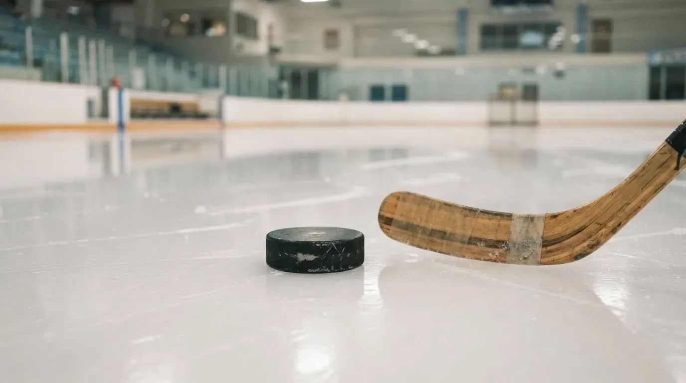 Ein Eishockeypuck und ein Schläger liegen auf einer glänzenden Eisfläche, im Hintergrund verschwimmen leere Banden.