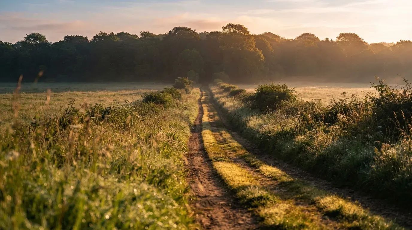 Ein Feldweg führt bei Sonnenaufgang zwischen Wiesen auf ein Waldstück zu.