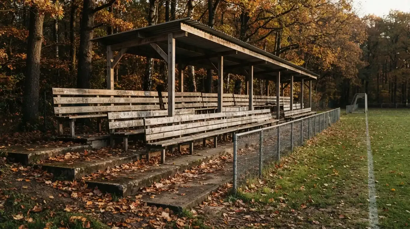 Eine leere Holztribüne steht am Waldrand neben einem kleinen Sportplatz im Herbstlicht.