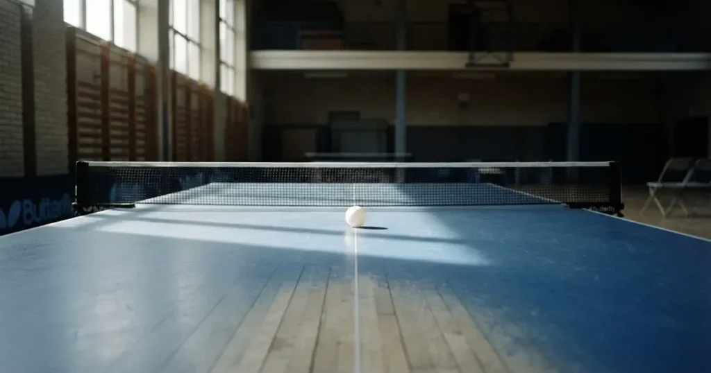 Eine Tischtennisplatte steht in einer leeren Sporthalle, ein einzelner Ball liegt am Netz und Tageslicht fällt von der Seite ein.