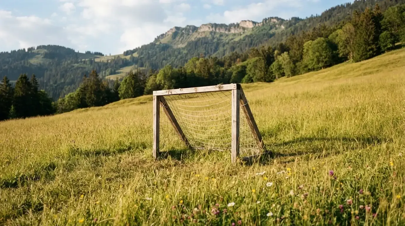 Eine Almwiese mit einem kleinen Holztor für Kinderfussball, dahinter erheben sich bewaldete Hänge im Nachmittagslicht.