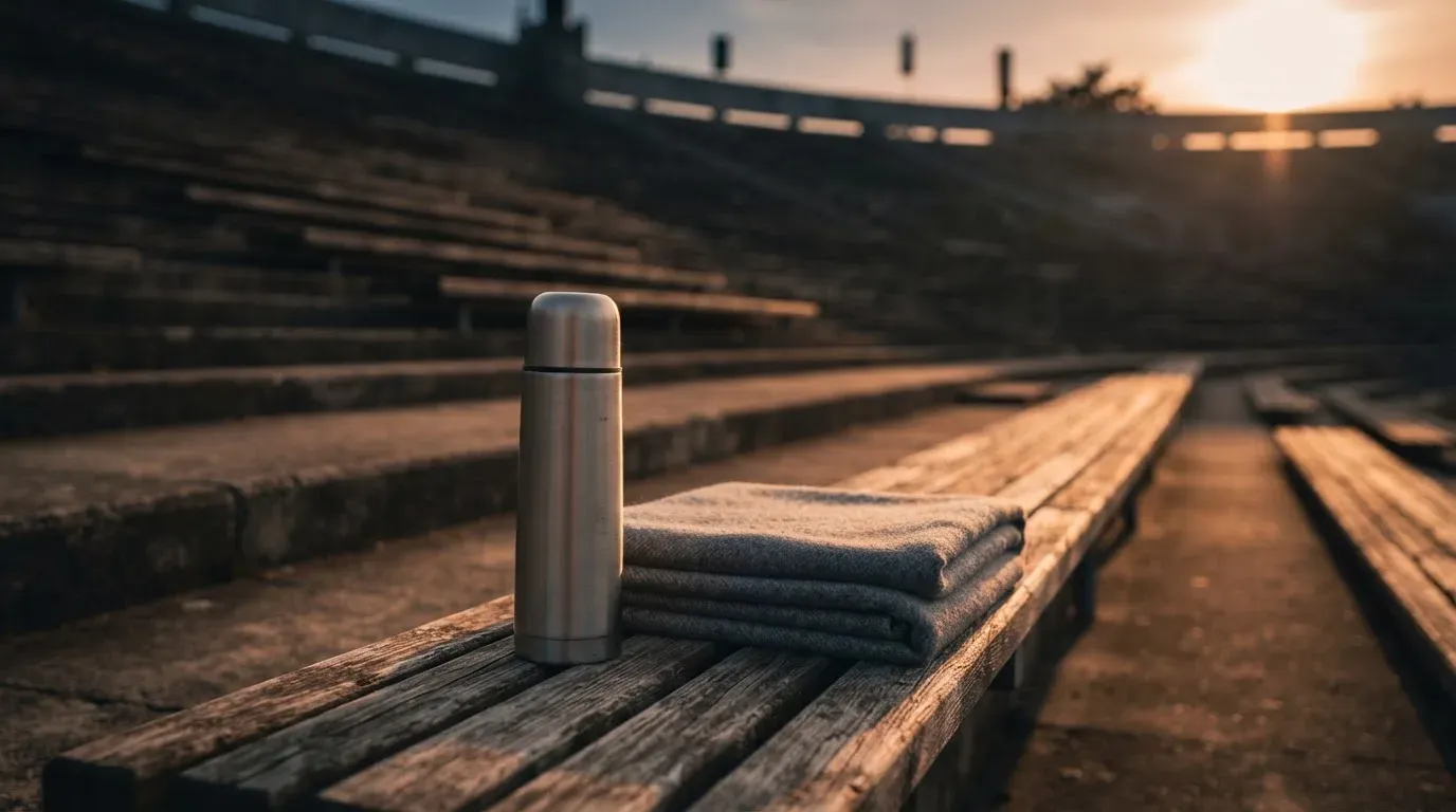 Eine Thermoskanne und eine zusammengelegte Wolldecke stehen auf einer leeren Stadionbank, die Sonne geht hinter den Rängen unter.