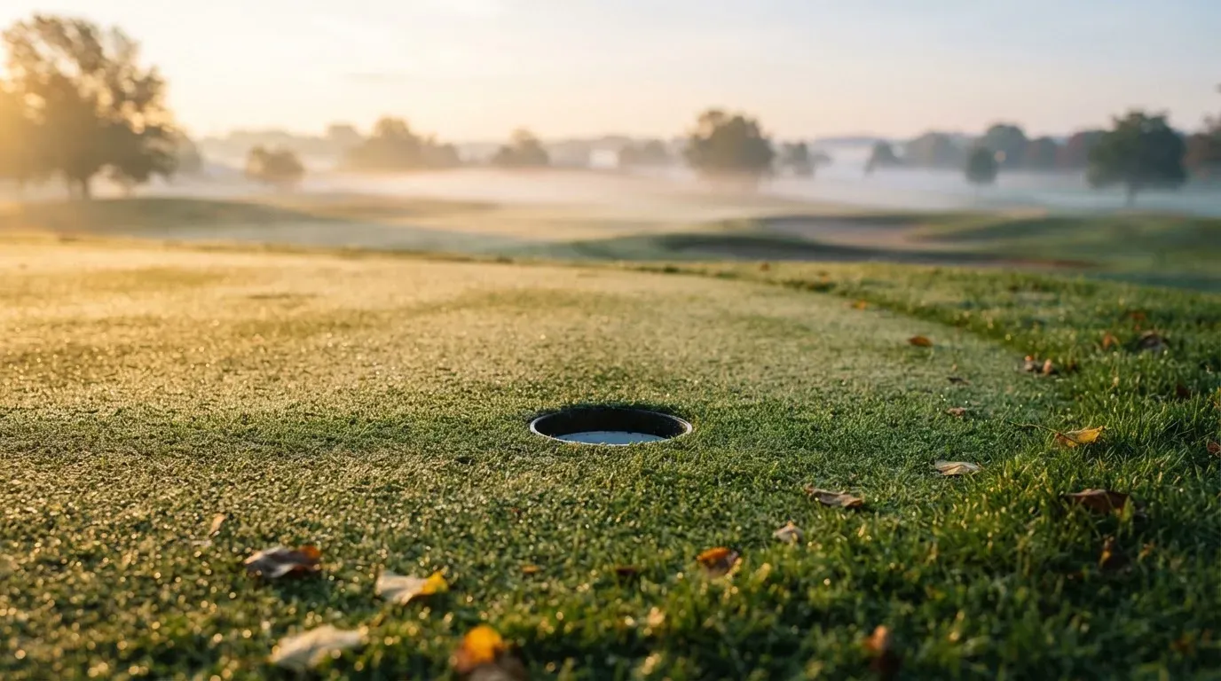 Ein Golfgrün bei Sonnenaufgang mit Tau auf dem Rasen, die Fahnenstange fehlt und im Hintergrund ziehen Nebelschwaden.