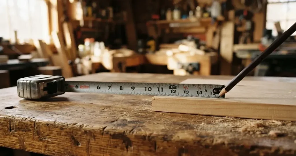 Ein Massband liegt aufgerollt auf einer Werkbank neben einem Bleistift und einem Holzbrett.