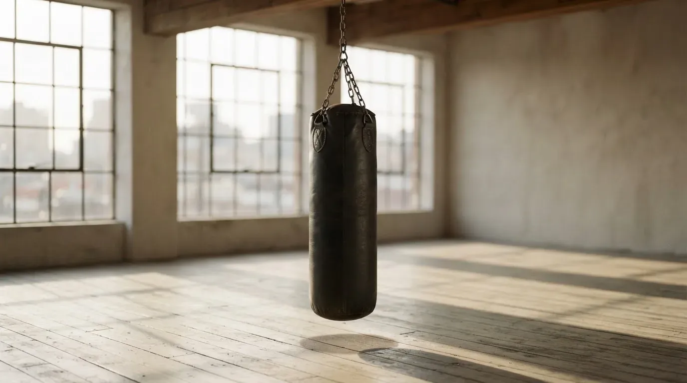 Ein Boxsack hängt an einer Kette in einem leeren Trainingsraum mit hellem Holzboden und grossen Fenstern.