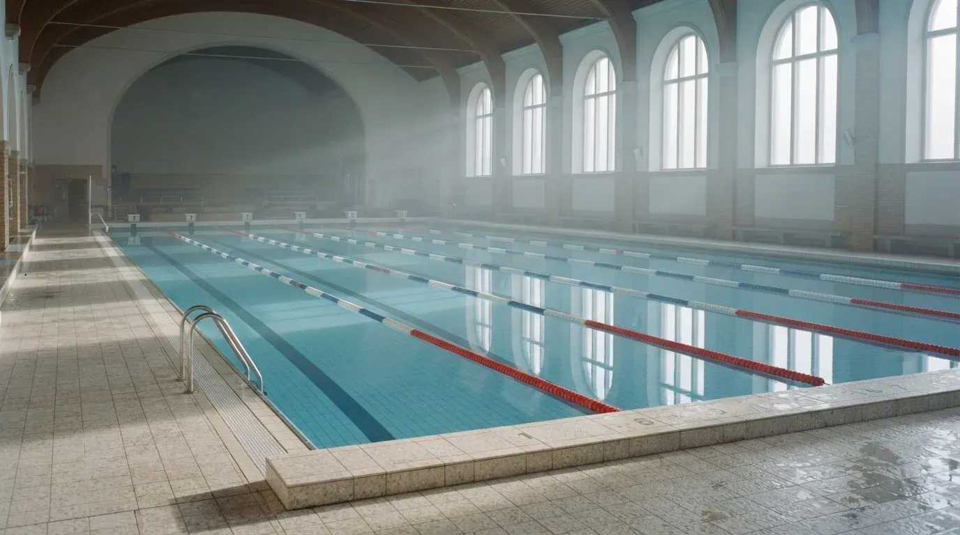 Eine ruhige Schwimmhalle mit glattem Wasser im Becken und gespannten Bahnleinen, Licht fällt durch hohe Fenster.