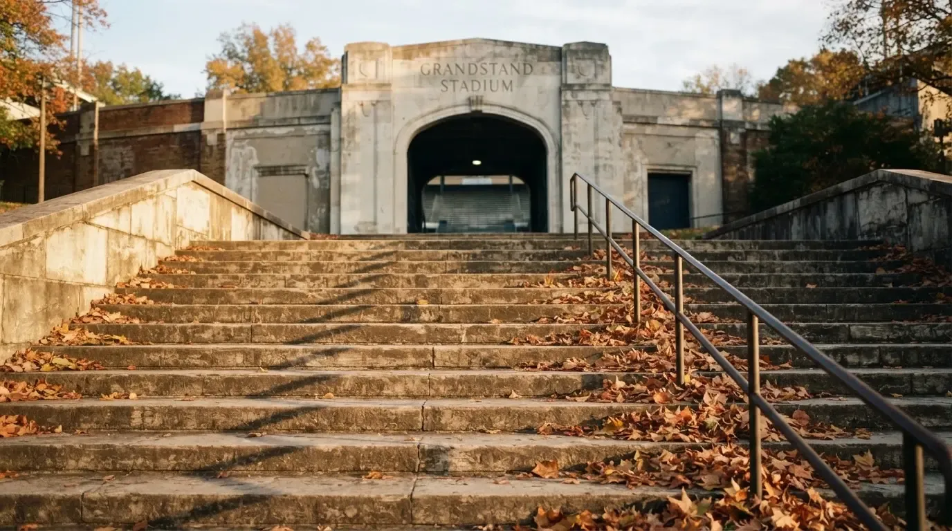 Eine breite Steintreppe führt zum Eingang einer Tribüne, Herbstlaub liegt auf den Stufen.