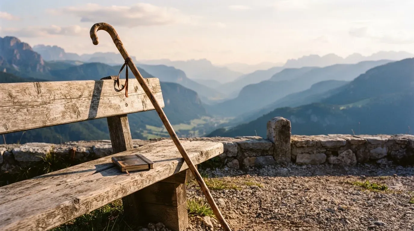 Ein Wanderstock lehnt an einer Holzbank auf einem Aussichtspunkt, dahinter breitet sich ein Tal im Dunst aus.