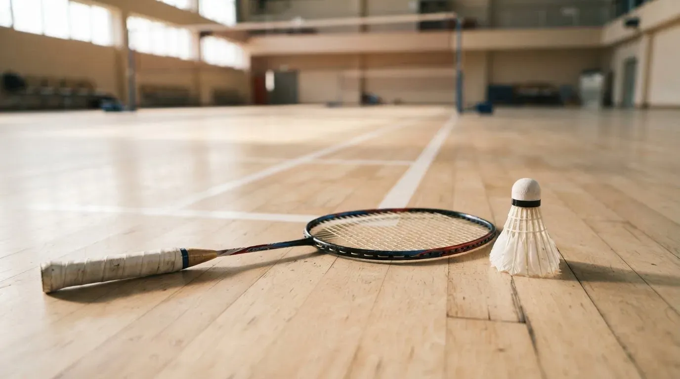Ein Badmintonschläger liegt neben einem Federball auf dem hellen Hallenboden eines leeren Spielfelds.