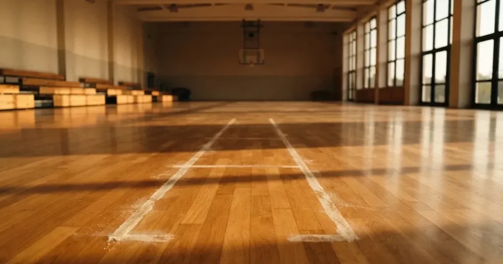 Zwei versetzte Startlinien aus Kreide auf dem Boden einer leeren Sporthalle, das Licht fällt schräg von der Seite.