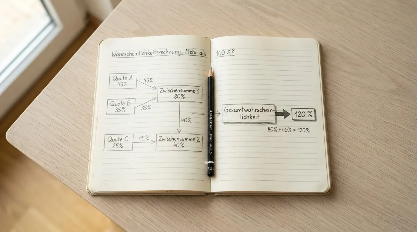 Ein aufgeschlagenes Notizbuch mit handgezeichneten Skizzen aus Kästchen und Pfeilen liegt neben einem Bleistift auf einem hellen Holztisch.
