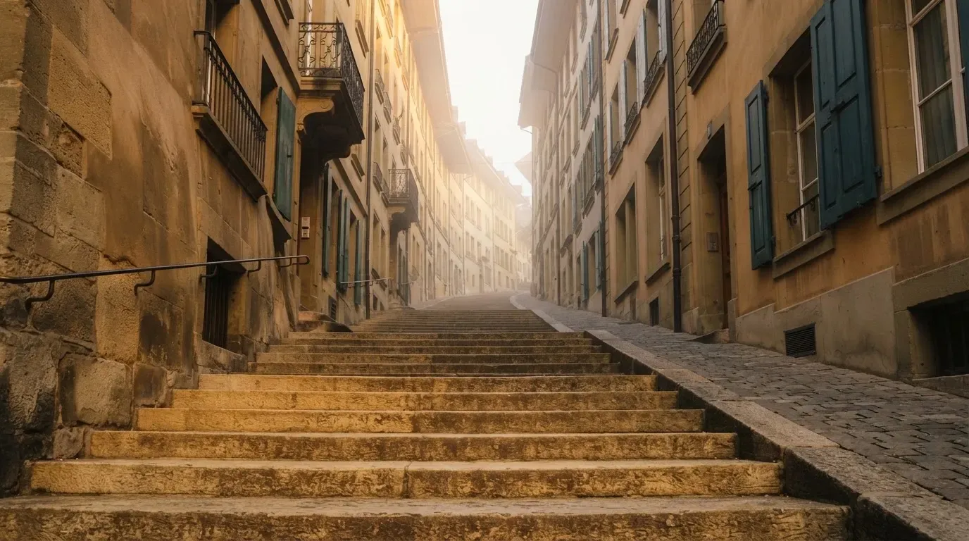 Eine breite Sandsteintreppe in einer Berner Altstadtgasse am frühen Morgen, niemand zu sehen, weiches Licht und leichter Nebel.