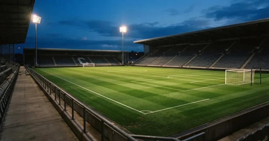 Ein menschenleerer Fussballplatz mit frisch gemähtem Rasen unter Flutlichtmasten in der Abenddämmerung, aus erhöhter Perspektive fotografiert.