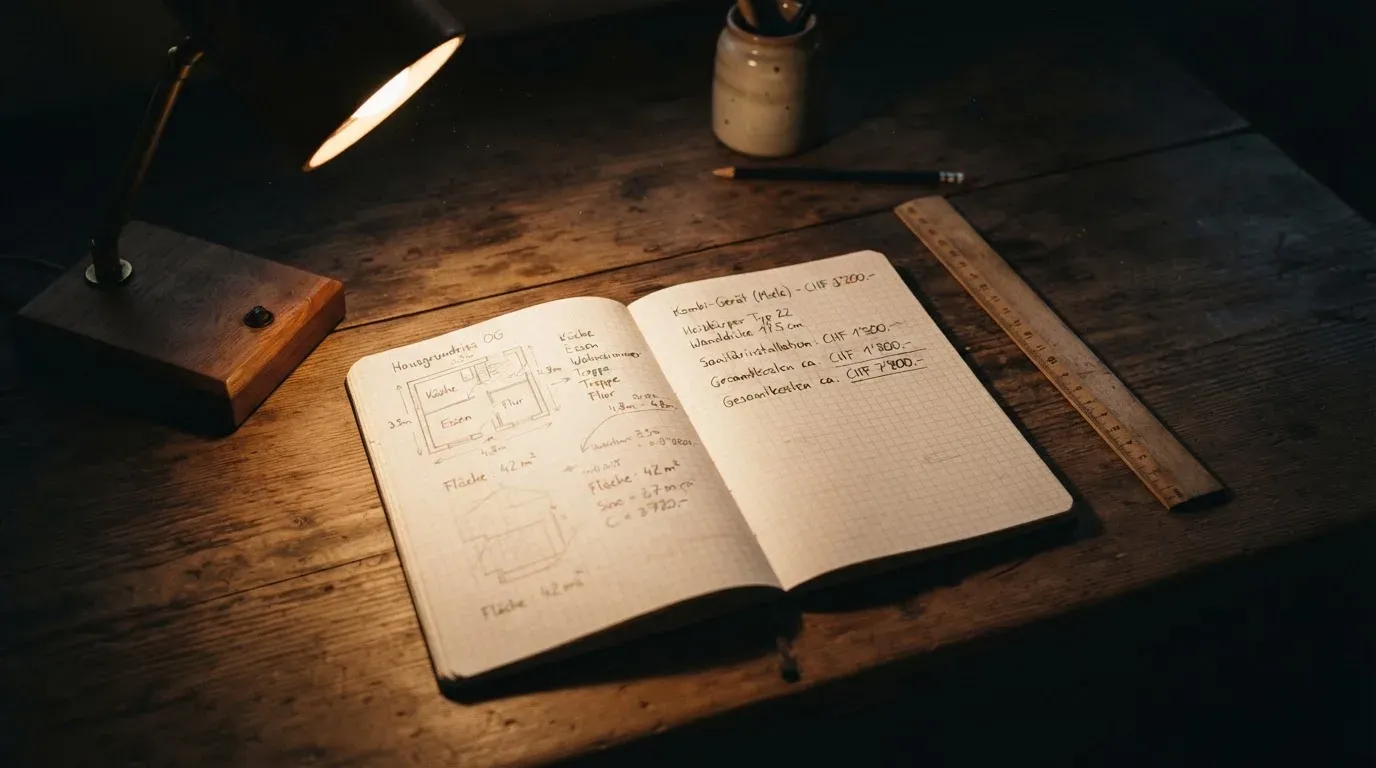 Eine Schreibtischlampe beleuchtet ein kariertes Heft mit handschriftlichen Skizzen, daneben liegt ein Lineal aus Holz.