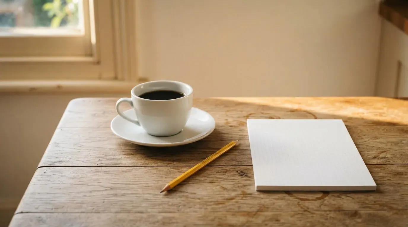 Eine Tasse Kaffee und ein Bleistift liegen auf einem sonnenbeschienenen Küchentisch neben einem leeren Notizblock.