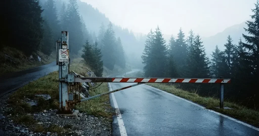 Ein geschlossener Schlagbaum an einer Landstrasse im Gebirge, Morgennebel steht zwischen den Tannen.