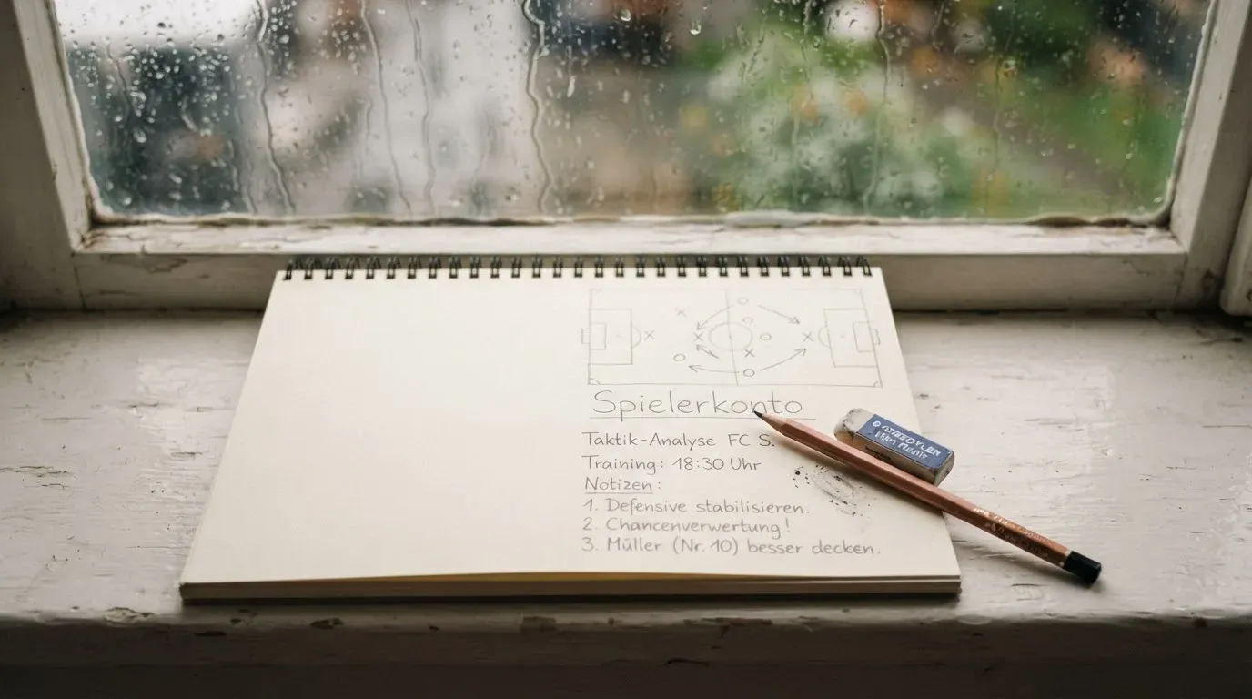 Ein Zeichenblock mit einem Bleistift und einem Radiergummi liegt auf einem Fensterbrett, draussen fällt Regen.
