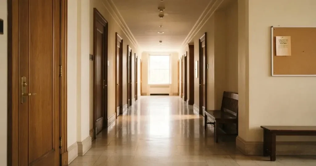 Ein langer Flur mit Holztüren und hellem Boden in einem ruhigen Verwaltungsgebäude, am Ende fällt Tageslicht durch ein Fenster.