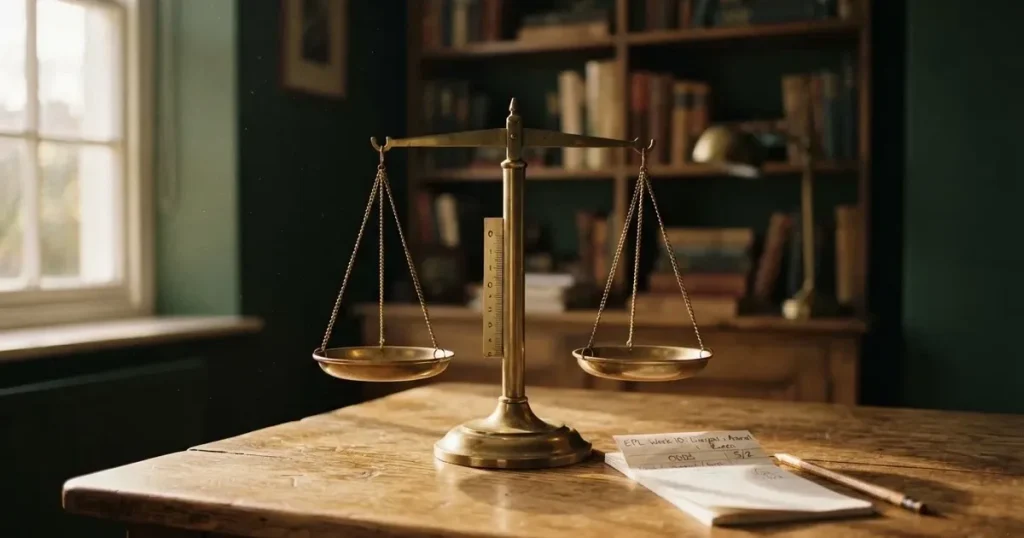 Eine Balkenwaage aus Messing mit zwei leeren Schalen steht im Gleichgewicht auf einem Holztisch.