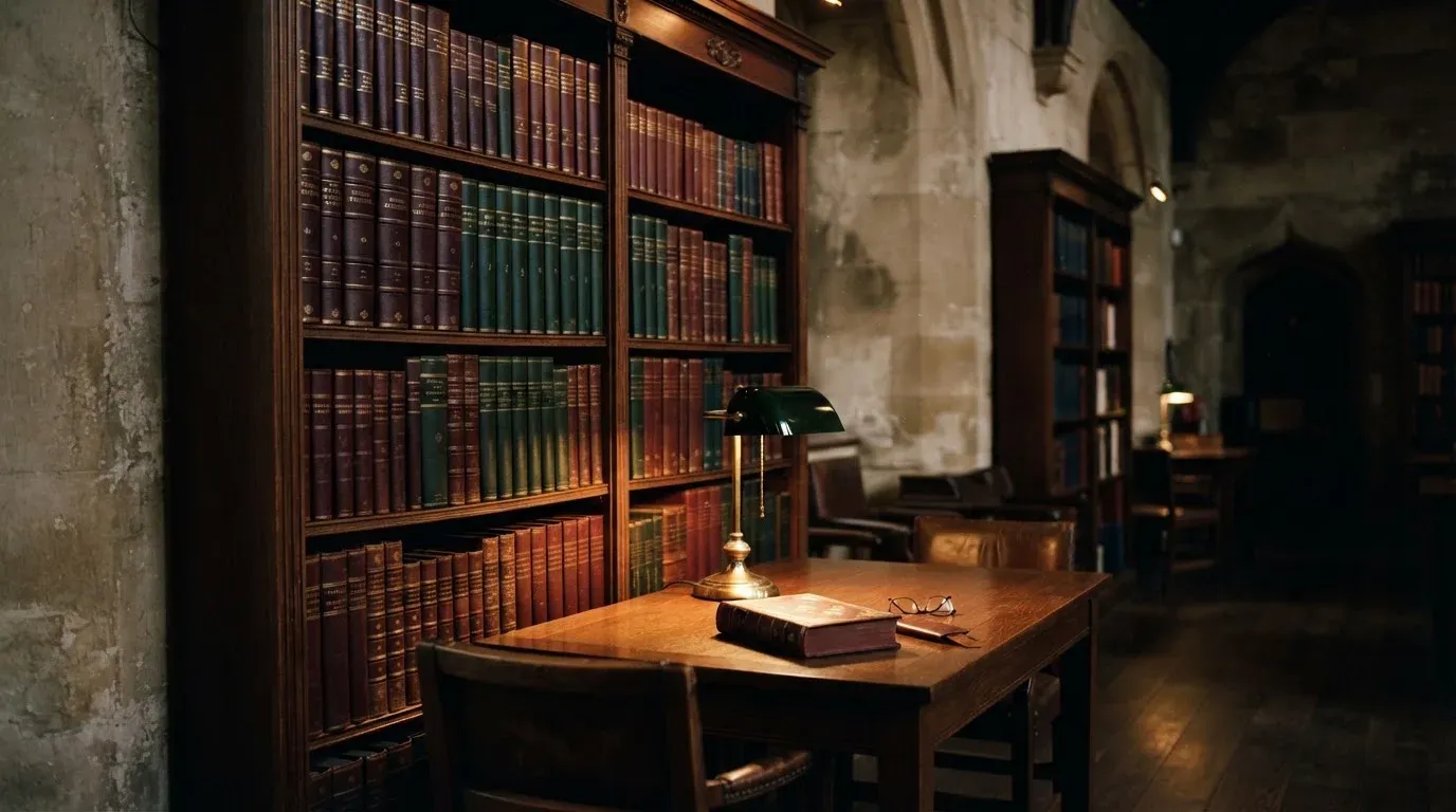 Ein Bücherregal mit ledergebundenen Bänden in dunklen Farben in einer stillen Bibliothek, davor ein Lesetisch.
