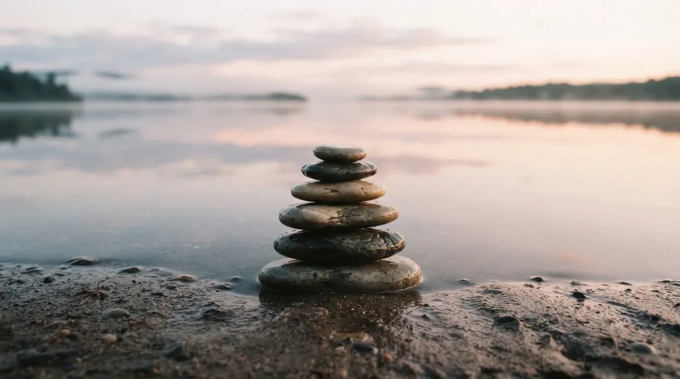 Ein Stapel flacher Kieselsteine liegt am Seeufer in der Morgendämmerung, das Wasser ist spiegelglatt.