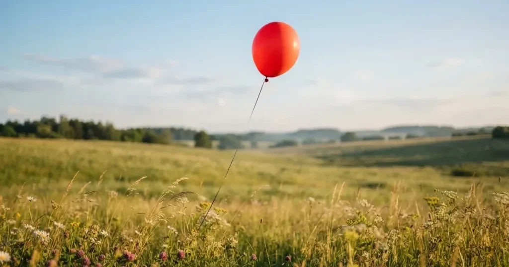Ein roter Luftballon schwebt an einer dünnen Schnur über einer Sommerwiese, der Himmel dahinter ist klar.