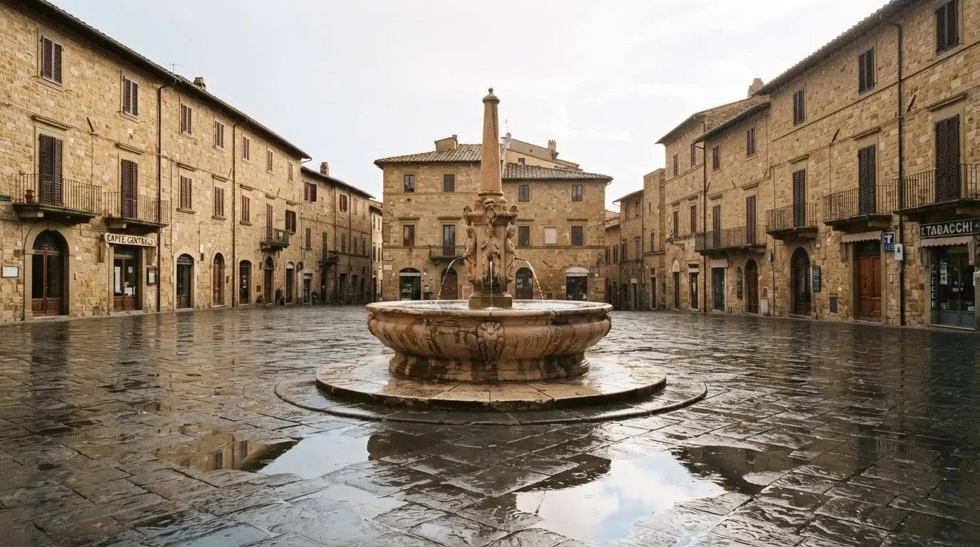 Ein Brunnen auf einem Altstadtplatz zwischen Sandsteinfassaden, nasses Kopfsteinpflaster nach einem Regenschauer.